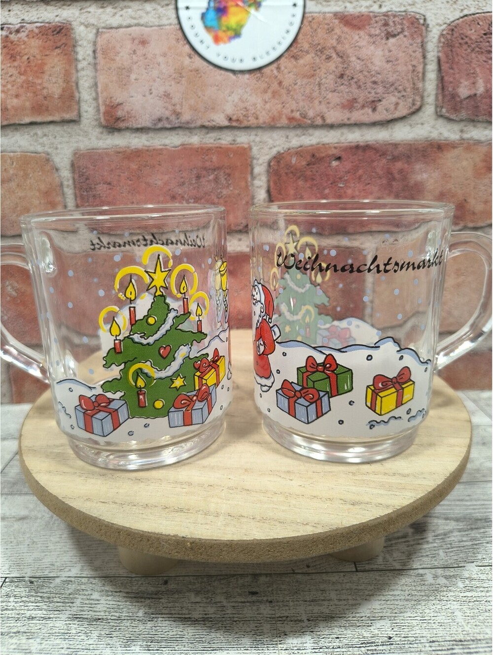 Luminarc Weihnachtsmarkt Christmas Market Set 2 Glass Mugs ARC France Santa Vtg